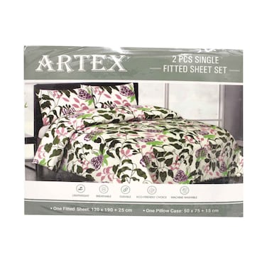 Artex Single Fitted Bedsheet 120x190+25cm With Pillow Cover Assorted 50x75+15cm