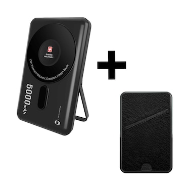 بطارية محمولة Swiss Military 3 في 1 بسعة 5000 مللي أمبير مع خاصية Magsafe وحامل بطاقات باللون الأسود