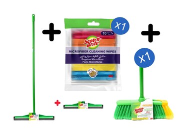 مكشطة أرضيات سكوتش برايت 3M 33 سم + مكنسة داخلية من 3M سكوتش برايت مع عصا + قطعة قماش مايكروفايبر من سكوتش برايت