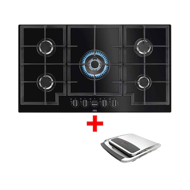 AEG HKB95451NB موقد غاز زجاجي مدمج، مقاس 90 سم، مع شواية صحية وايت وستنجهاوس GC1700-CB