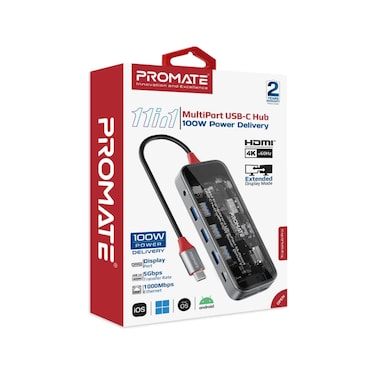 Promate 11-in-1 Transparent Ultra-Fast Multiport USB-C Hub with 100W Power Delivery