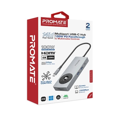 Promate 14 in 1 Highspeed Multiport USB C Hub 100 W Power Delivery  Multifunctional Multimedia Controls