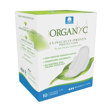 Organyc Cotton Sanitary Organic Pads Moderate Flow 10 Pieces