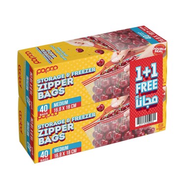 Papco Storage &amp; Freezer Zipper Bags Medium Size, 40 Bags,(16.8x18cm) 40 Bags 2 Pieces