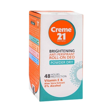 Creme 21 Brightening Anti Perspirant Roll-On Deo Powder Dry 48 Hours Protection With Vitamin E &amp; Aloe Vera Extract 50ml