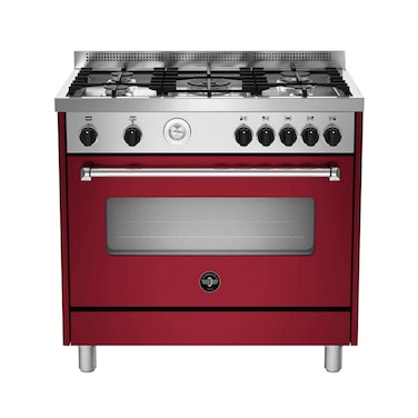 موقد لا جيرمانيا قائم بذاته بمروحة مساعدة وفرن غاز AMS95C81BVI مقاس 90×60 سم باللون البرغندي والفولاذ المقاوم للصدأ