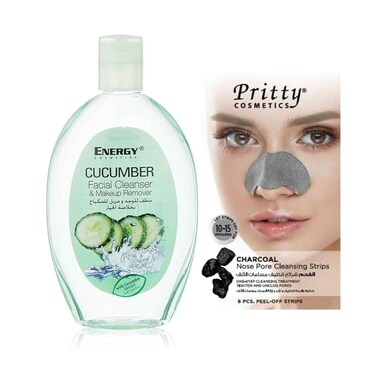منظف الوجه بخلاصة الخيار من إنرجي 235 مل + شرائط تنظيف مسام الأنف بالفحم من بريتي كوزماتيكس ×6