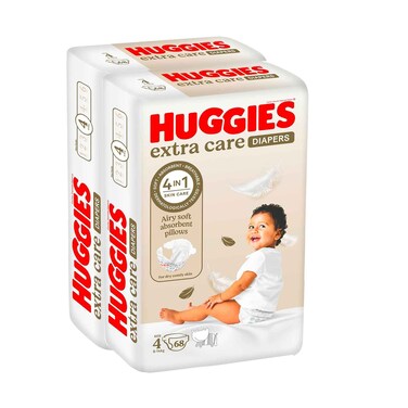 Huggies Diapers Extra Care Jumbo Pack Size 4, 8-14Kg, 68 Pieces, 2 Pack