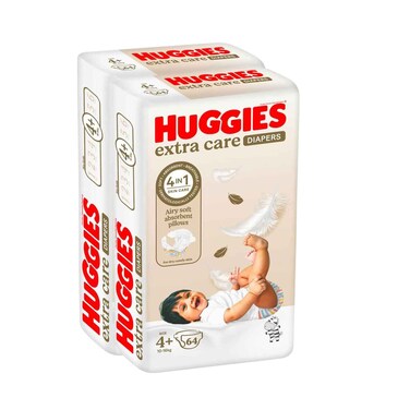 Huggies Diapers Extra Care Jumbo Pack Size 4+, 10-16Kg, 64 Pieces, 2 Pack