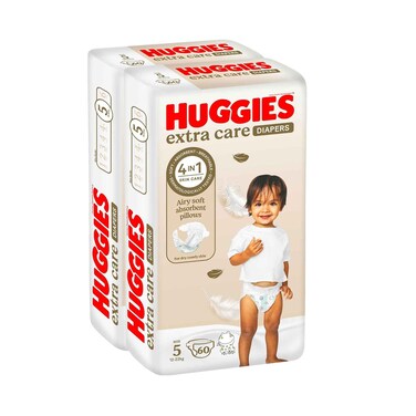 Huggies Diapers Extra Care Jumbo Pack Size 5, 12-22Kg, 60 Pieces, 2 Pack