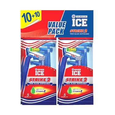 ماكينة حلاقة كلاسيكو آيس سترايك 2 ثنائية الشفرات للاستخدام مرة واحدة، عبوة اقتصادية، 10+10 قطع