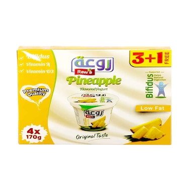 Raw'a Bifidus Pineapple Flavored Yogurt, Low Fat 170gx4 Pieces
