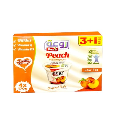 Raw'a Bifidus Peach Flavored Yogurt, Low Fat 170gx4 Pieces