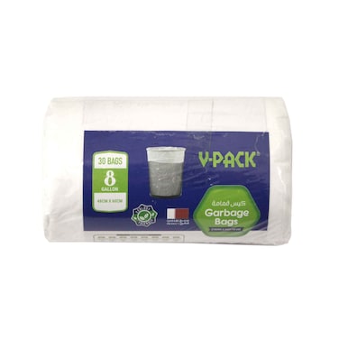V-Pack White Garbage Bags 48cmx60cm 8 Gallon, 30 Bags