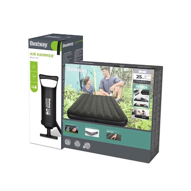 سرير هوائي قابل للنفخ من بيست واي مقاس كوين 25 سم + مضخة نفخ مطرقة الهواء مقاس 36 سم