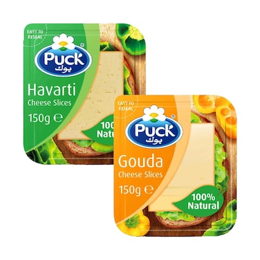 Puck Havarti Natural Cheese Slices 150g &amp; Puck Gouda Natural Cheese Slices 150g