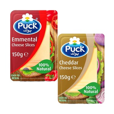 Puck Emmental Natural Cheese Slices 150g &amp; Puck Cheddar Natural Cheese Slices 150g