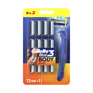 مجموعة شفرات حلاقة جيليت بلو 3 للجسم مع مقبض، 12 قطعة