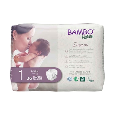 Bambo Nature Premium Eco-Friendly Baby Diapers Size 1, 2-4 kg, 36 Pieces