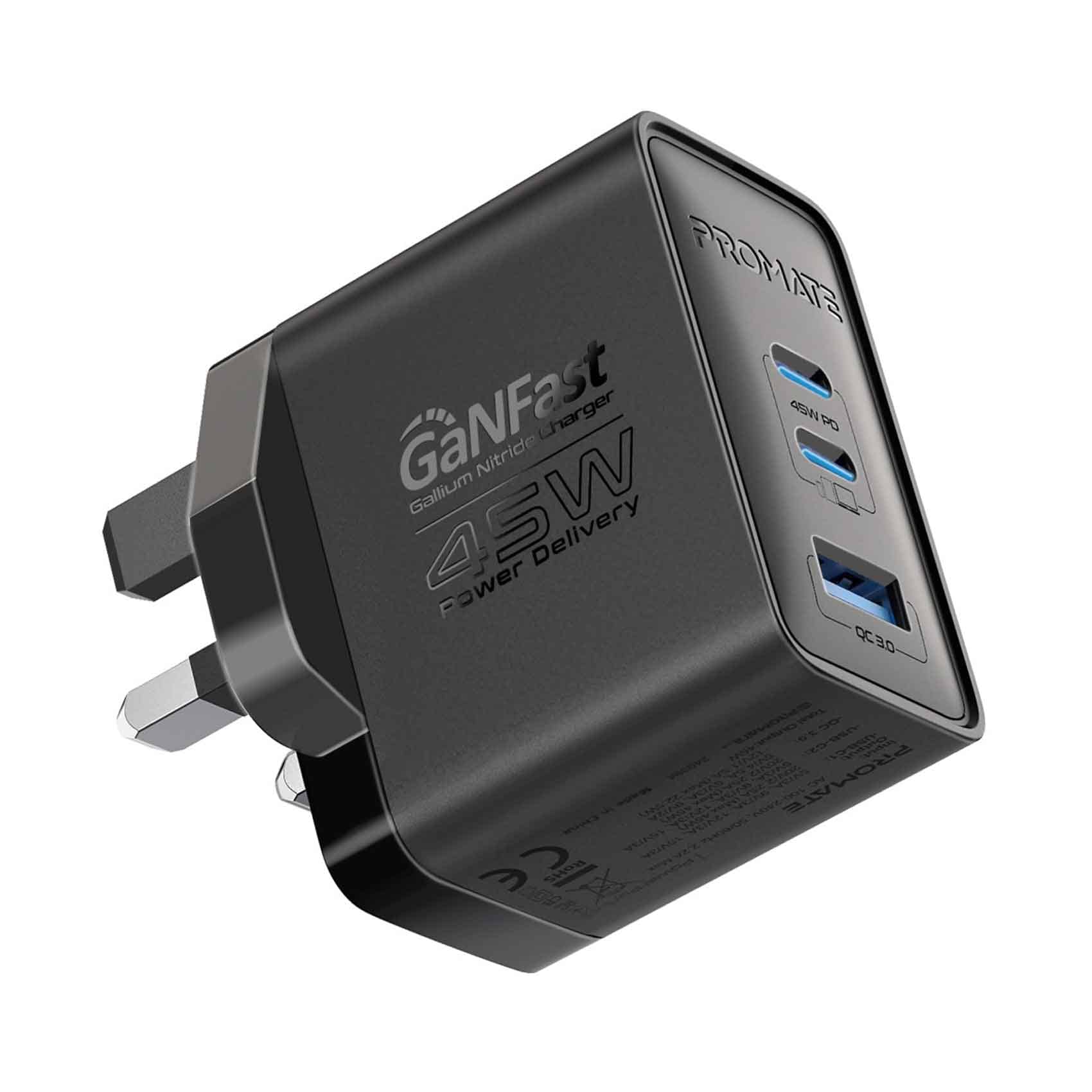 Promate Power Delivery Charging Adapter GaNFast Charger 45W