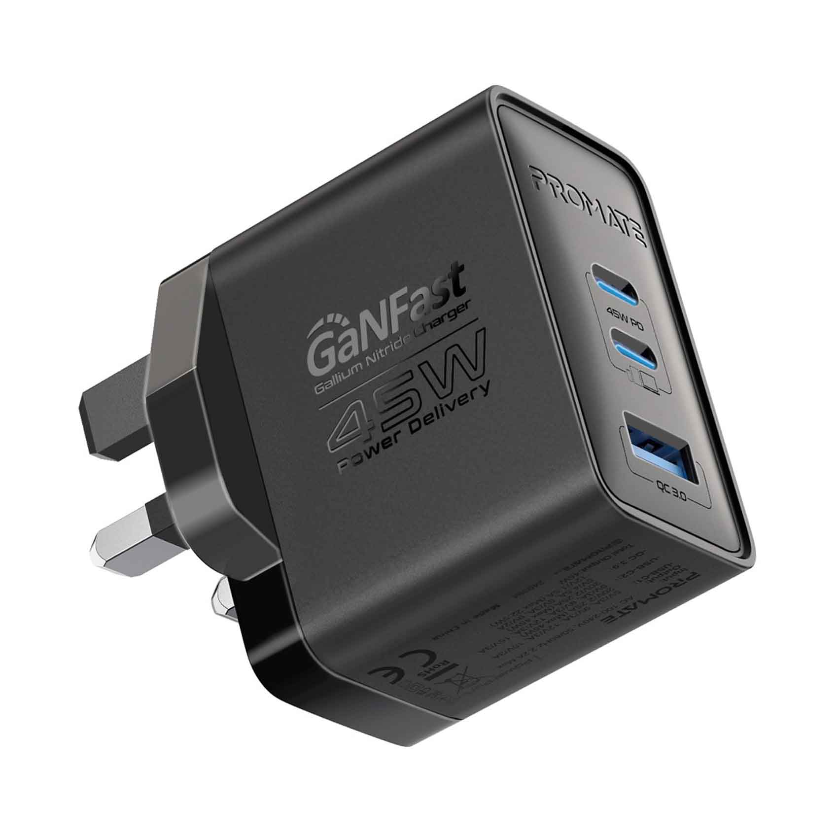 Promate Power Delivery Charging Adapter GaNFast Charger 45W