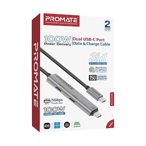 Promate Portlink-C3 Power Delivery 100W Dual Usb-C Port Data and Charge Cable 1.5m