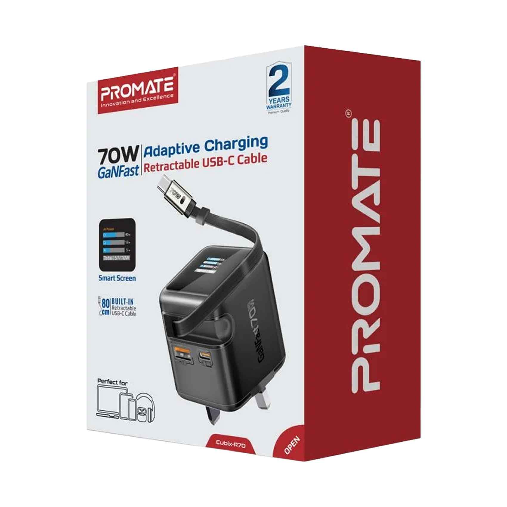 Promate Wall Charger Cubix-R70 – 70W GaNFast with Retractable USB-C Cable