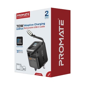 Promate Wall Charger Cubix-R70 – 70W GaNFast with Retractable USB-C Cable