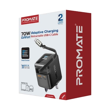شاحن جداري Promate Cubix-R70 بقدرة 70 واط GaNFast مع كابل USB-C قابل للسحب