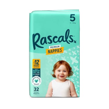 Rascals Premium Nappies Size 5, 13-18kg 32 Pieces