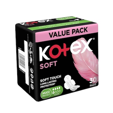 Kotex Soft Touch Maxi Protect, Super + Wings, Medium to Heavy Flows 30 Pads