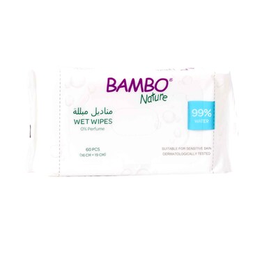 مناديل مبللة طبيعية من الخيزران، خالية من العطور، 60 قطعة