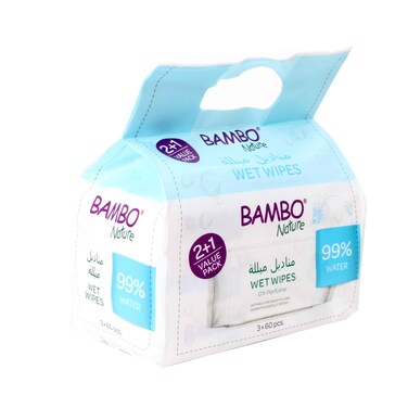 مناديل مبللة طبيعية من بامبو، خالية من العطور، 60 منديل، عبوة من 3 قطع