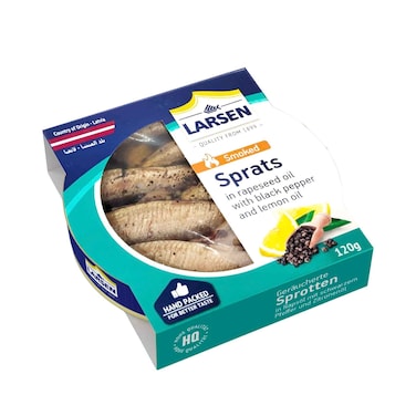 Larsen Smoked Sprats In Rapeseed Oil With With Black Pepper &amp; Lemon Oil 120g