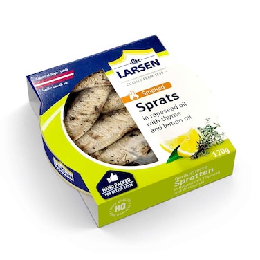 Larsen Smoked Sprats In Rapeseed Oil With Thyme &amp; Lemon Oil 120g