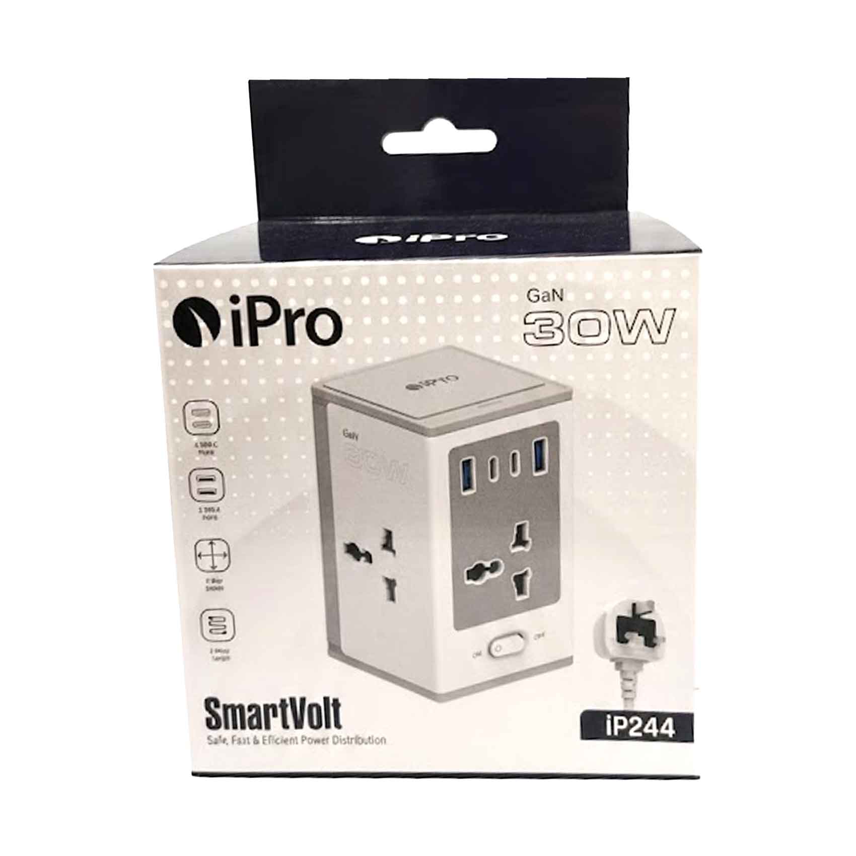 iPro GaN 30W Tower Extension 4-Way with 2 USB-A & 2 USB-C, 2 Meter Cable IP244