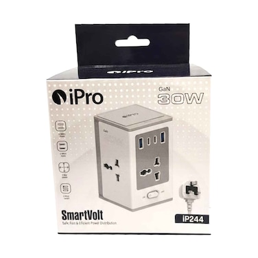 مشترك كهرباء آي برو بتقنية GaN بقدرة 30 واط (برج) 4 مخارج مع 2 USB-A و2 USB-C، كابل 2 متر IP244