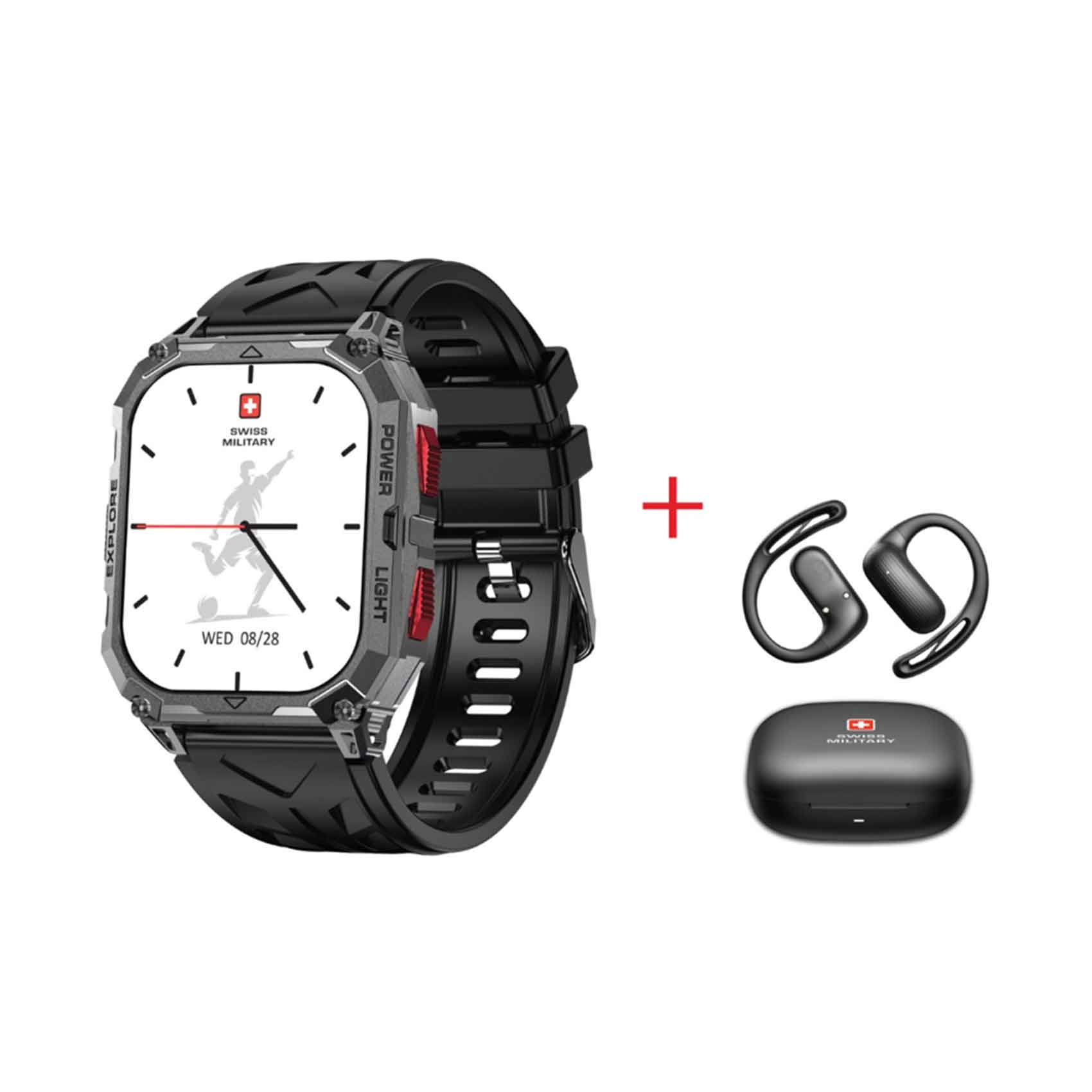 Swiss Military Smartwatch Alps Sport with Red Buttons Gunmetal Black Frame and Black Silicon Strap + Delta7 Pro Buds Black