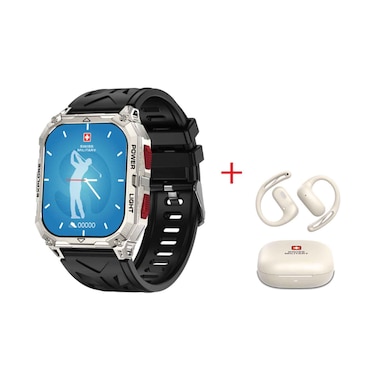 Swiss Military Smartwatch Alps Sport with Red Buttons Silver Frame and Black Silicon Strap + Delta7 Pro Buds White
