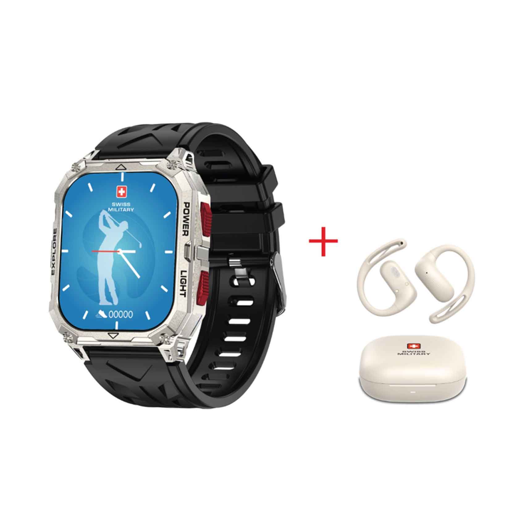 Swiss Military Smartwatch Alps Sport with Red Buttons Silver Frame and Black Silicon Strap + Delta7 Pro Buds White