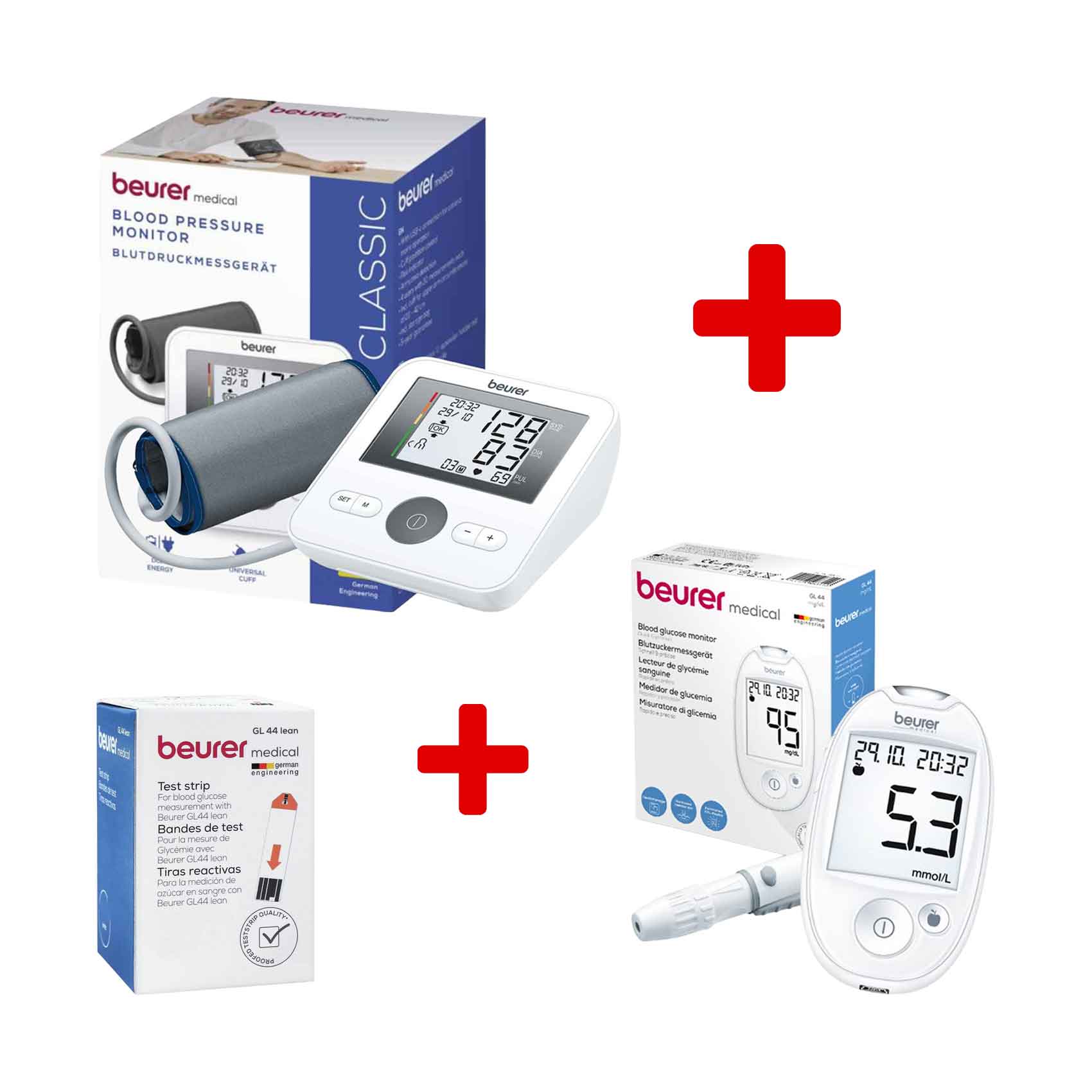 Beurer Blood Pressure Monitor BM27 Plus + Beurer Blood Glucose Monitor GL44 + 10 Strips (Plus Extra 50 Qr Supplier's Delivery Charge Outside Doha)