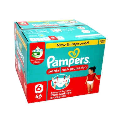 بامبرز بانتس للحماية من الطفح الجلدي مع لوشن الصبار، مقاس 6، عبوة جامبو 56 قطعة، وزن 16+ كجم