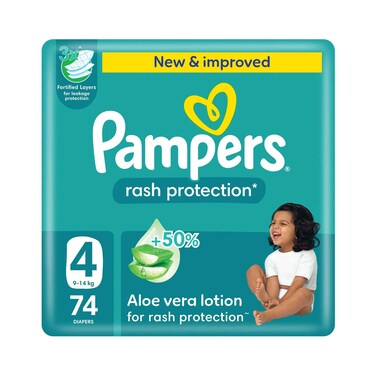 حفاضات بامبرز للحماية من الطفح الجلدي مع لوشن الصبار، مقاس 4، وزن 9-14 كجم، 74 قطعة
