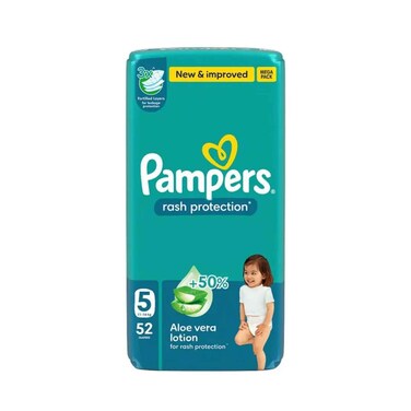 حفاضات بامبرز للحماية من الطفح الجلدي مع لوشن الصبار، مقاس 5، وزن 11-16 كجم، 52 قطعة