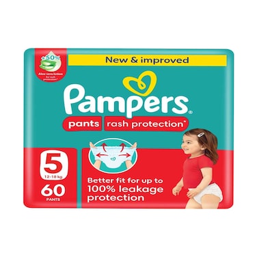حفاضات بامبرز حماية من الطفح بنمط السراويل مع الألوفيرا مقاس 5 – 60 قطعة