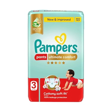 حفاضات بامبرز بانتس ألتيميت كومفورت مع خلاصة الصبار وفيتامين هـ، مقاس 3، وزن 6-11 كجم، 56 قطعة