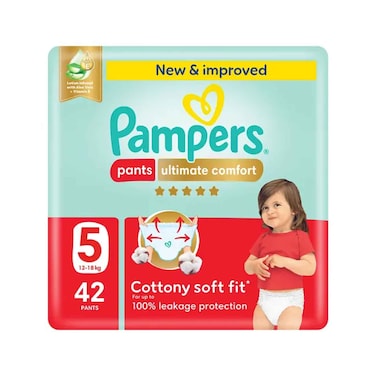حفاضات بامبرز بانتس ألتيميت كومفورت مع خلاصة الصبار وفيتامين هـ، مقاس 5، وزن 12-18 كجم، 42 قطعة