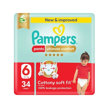 حفاضات بامبرز بانتس ألتيميت كومفورت مع خلاصة الصبار وفيتامين هـ، مقاس 6، وزن 16+ كجم، 34 قطعة