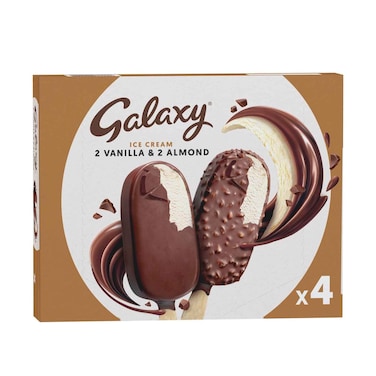 عبوة متعددة من أعواد حلوى جالاكسي بنكهة اللوز (قطعتان) والفانيليا (قطعتان)، وزن كل 4 قطع 58 غرام.
