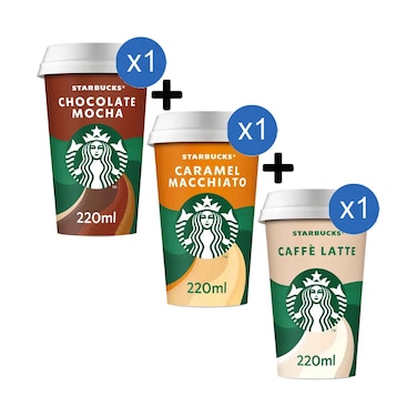 Starbucks Caffe Latte Coffee Drink 220ml + Starbucks Caramel Macchiato Coffee Drink 220ml + Starbucks Chocolate Mocha Coffee Drink 220ml
